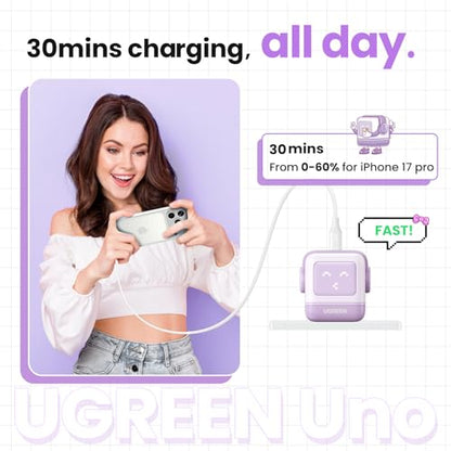 UGREEN Uno 30W USB C Charger, Compact Robot GaN Fast Charging Block, Purple - color: Purple