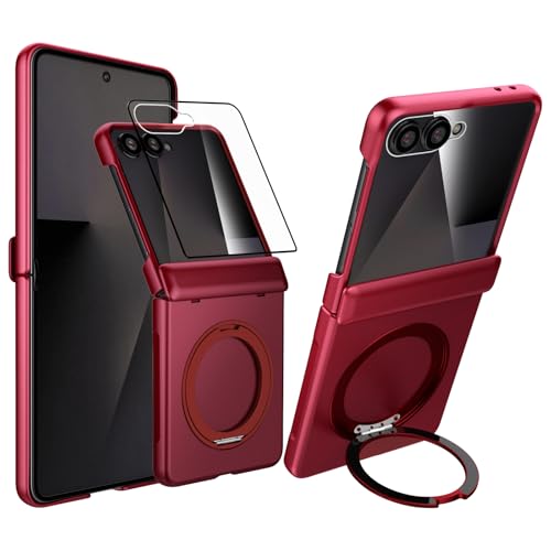 Magnetic Case for Samsung Galaxy Z Flip 7 Case, Compatible with Mag-Safe, Center Hinge Protection, 360° Rotating Finger Ring Holder with Built-in Screen Protector PC Material for Galaxy Z Flip 7 2025 - color: Red, size: for Galaxy Z Flip 7