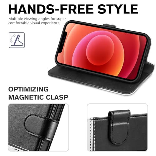 TUCCH Wallet Case for iPhone 12 Pro/12 6.1", 3 Card Holders, Black & White | RFID Blocking, Viewing Stand, Shockproof TPU Shell, PU Leather, Magnetic Closure, Protective Folio Flip Cover - color: Black & White