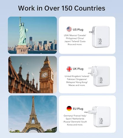 40W Retractable Wall Charger, Universal European UK Travel Plug Adapter Kit - color: White