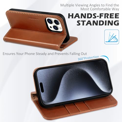 SHIELDON Genuine Leather Case Wallet for iPhone 15 Pro Max, Retro Brown | Magnetic Closure, RFID Blocking, Credit Card Slot, Kickstand, Flip Book Design, Shockproof TPU Phone Cover - color: Retro Brown
