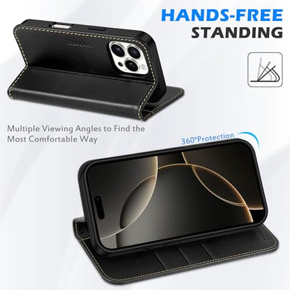 SHIELDON Genuine Leather Case Wallet for iPhone 16 Pro Max, Retro Black | Folio Magnetic Closure, RFID Blocking, Credit Card Holder, Viewing Stand, Shock Absorbing Protective Cover for Men Women - color: Retro Black