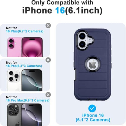 Shockproof for iPhone 16 Case Protective, Heavy Duty Rugged Full-Body, Blue | for Defender Phone Case iPhone 16,3 Layers of Sturdy,Anti-Drop,for Heavy Duty Phone Case - color: Blue