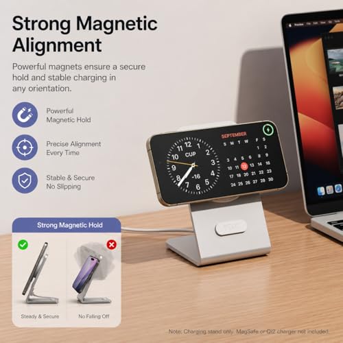 pzoz Magnetic Charger Stand for Apple MagSafe & Qi2 Charger, Aluminum Alloy Charging Dock with Cable Management for iPhone 17/16/15/14/13/12 Series, Standby Mode Desk Holder
