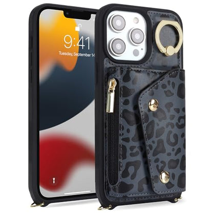 Lipvina Crossbody Wallet Case for iPhone 13 Pro,Black Leopard - color: 04-Black Leopard, size: iPhone 13 Pro 6.1"