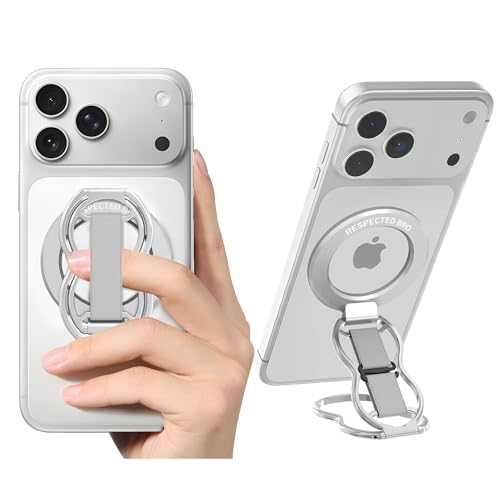 RESPECTED-BRO-Magnetic-Phone-Grip-Stand-with-Finger-Strap, 4-in-1 Magnetic Ring Holder, Kickstand and Elastic Strap for Phones, Universal Fit for iPhone 17/16/15/14/13/12, Android, and Cases (Silver) - color: Silver
