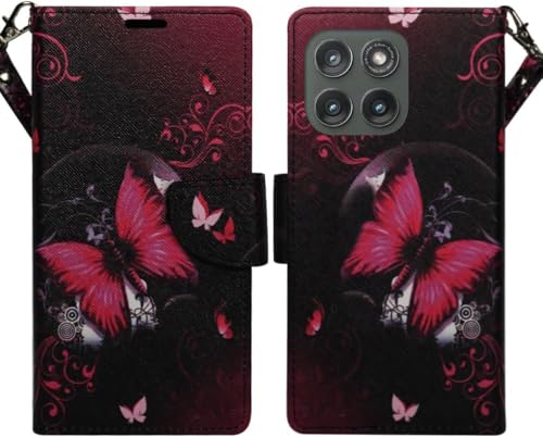 ZASE for Motorola Moto G 5G (2025/2026) Moto G Play (2026) Wallet Phone Case Protective Cover [RFID Blocking] PU Leather Purse Magnetic Closure w/Kickstand Card Slot Wrist Strap (Black Pink Butterfly) - color: Black Pink Butterfly