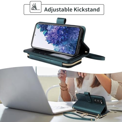 Wallet Case for Samsung Galaxy S20 FE 5G 6.5 inch with Wrist Strap, 9+ Card Slots Zipper Purse, PU Leather Stand Phone Cover for S 20 EF UW S20FE5G S20FE 20S S2O Fan Edition 4G G5 Green | Wrist/Shoulder Strap, 9+ Card Slots, Luxury PU Leather Phone Cover
