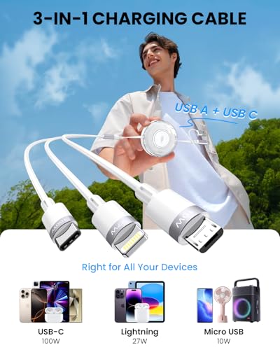 Multi Charging Cable, 100W 5-in-1 Retractable Charging Cable, USB C/Lightning/Micro Fast Charging Cables for Multiple Devices Compatible with iPhones, iPads, Tablets, Galaxy, Note - 4Ft/1.2M, White