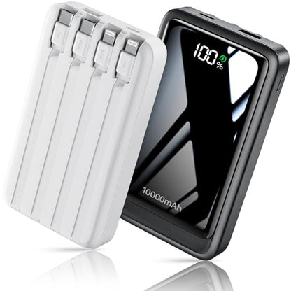 2 Pack 10000mAh Power Bank with 4 Built-in Cables for iPhone Android