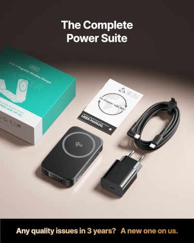 INIU 3 in 1 Foldable Wireless Charging Station, 15W Fast Mag-Safe Charger - color: Black