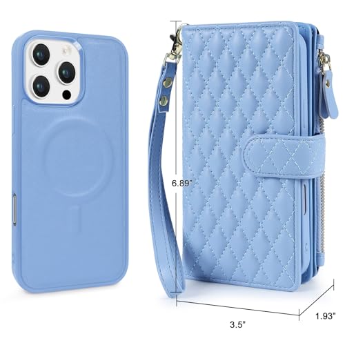 for iPhone 15 Pro Max Case Wallet,Compatible with MagSafe 2 in 1 Magnetic Detachable PU Leather RFID Blocking Wallet Cover Card Holder Zipper Wrist Strap Lanyard,Quilted Blue - color: Quilted Blue, size: iPhone 15 Pro Max