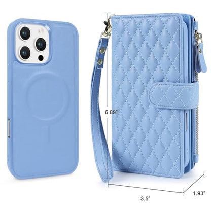 for iPhone 15 Pro Max Case Wallet,Compatible with MagSafe 2 in 1 Magnetic Detachable PU Leather RFID Blocking Wallet Cover Card Holder Zipper Wrist Strap Lanyard,Quilted Blue - color: Quilted Blue, size: iPhone 15 Pro Max