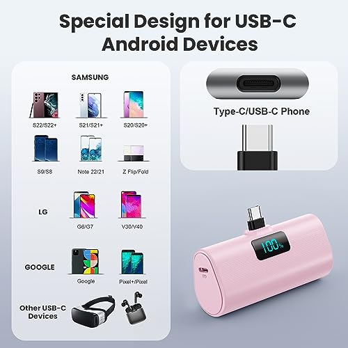 [2-Pack]Portable Charger for iPhone 17/16/15 Series,5200mAh PD USB C Power Bank Built-in USB-C Connector, Battery Pack Compatible with iPhone 17/17 Pro Max/16 Pro/15 Series,Galaxy,Android(Pink+Green) - color: Pink+Green