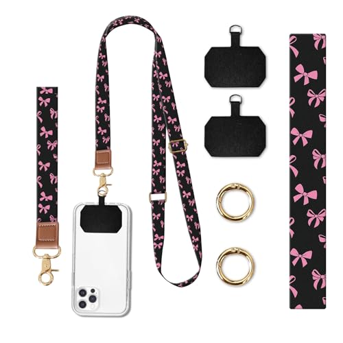 Phone Lanyard Crossbody Wrist Strap, Universal Adjustable Neck Strap for Phone Case Keys ID Badges - color: Pink Black Bowtie