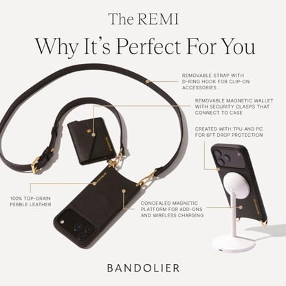 Bandolier Remi Leather Crossbody Phone Case iPhone 17 Pro - Black/Gld - size: iPhone 17 Pro