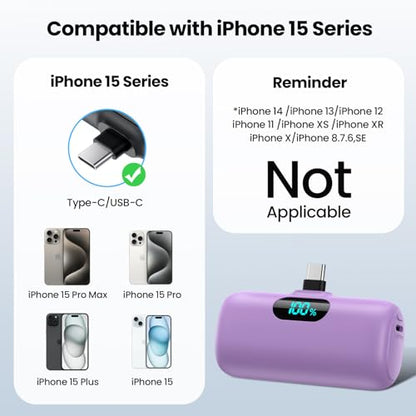 Mini Portable Charger USB C Power Bank,Upgraded 5000mAh PD Fast Charging Battery Pack Built-in USB-C Connector Travel Essential for iPhone17/17Pro/17Pro Max/Air/16 Plus/16Pro Max/15 Series,Android etc - color: Purple