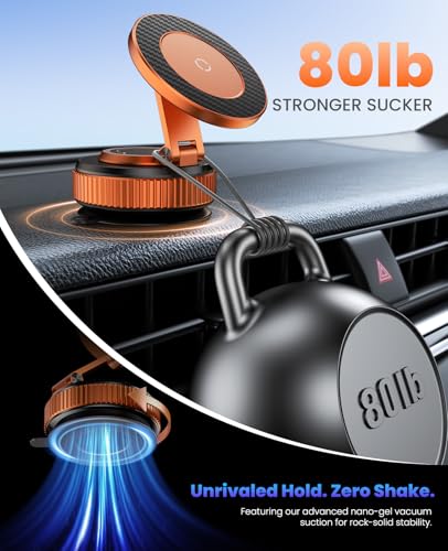 Jononser Magnetic Car Phone Mount,Zinc Alloy Foldable Holder with Strong Nano-Gel Adhesion & N52 Magnet, 360° Adjustable Dashboard/Windshield Phone Holder for iPhone 17/16/15/14/13/12,Golden Orange - color: Golden Orange