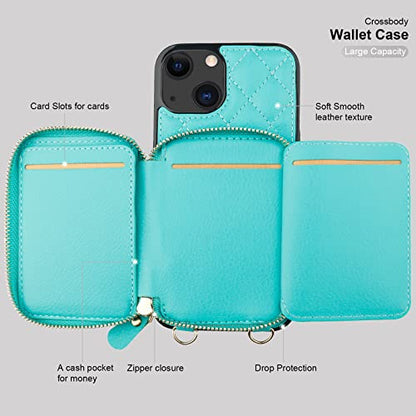 Bocasal Crossbody Wallet Case Card Holder for iPhone 13, Mint Green | RFID Blocking PU Leather Zipper Handbag Purse, Kickstand Flip Folio Case with Card Slots Holder Wrist Strap Lanyard 6.1 Inch - color: Green