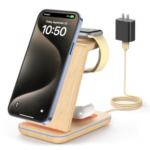GEEKERA 3-in-1 Wireless Charging Station for iPhone, Watch & AirPods - color: Light Wood Color