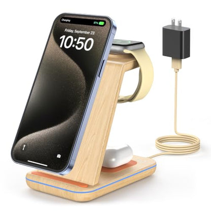 GEEKERA 3-in-1 Wireless Charging Station for iPhone, Watch & AirPods - color: Light Wood Color