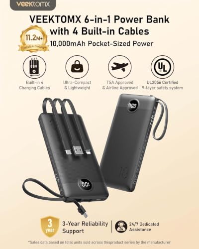 VEEKTOMX 10000mAh Portable Charger with Built-in Cables - color: 10000mAh Black