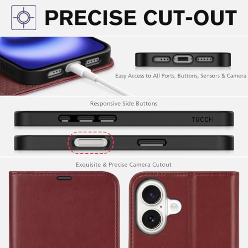 TUCCH Case Wallet for iPhone 16 (6.1") 2024, RFID Blocking Folio, Dark Red | 4 Card Holders, Kickstand, PU Leather, Magnetic Closure, Shockproof TPU Shell, Protective Flip Cover - color: Dark Red