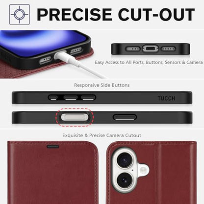TUCCH Case Wallet for iPhone 16 (6.1") 2024, RFID Blocking Folio, Dark Red | 4 Card Holders, Kickstand, PU Leather, Magnetic Closure, Shockproof TPU Shell, Protective Flip Cover - color: Dark Red