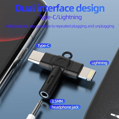 Aux to USB C Adapter for iPhone 17 16 15 14 13 Pro Max Lightning Headphone Jack 3.5mm Audio Cable (2in1) Compatible with Samsung S22 Dual Port for iPod Android Auxiliary Earphone Computer Microphone