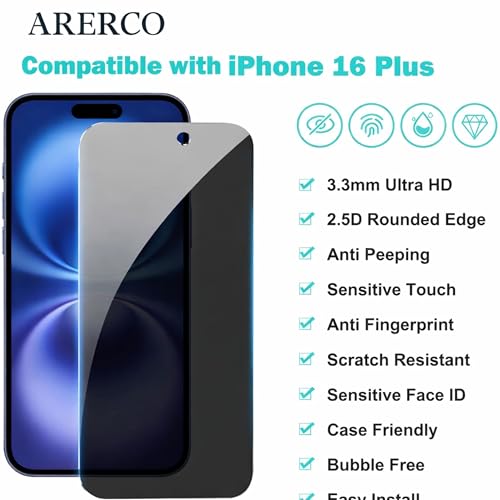 3 Pack for iPhone 16 Plus Privacy Screen Protector +2 Lens Cover - size: iPhone 16 Plus (6.7 inch)