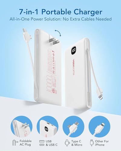 VEEKTOMX Portable Charger with Built-in Cables and AC Wall Plug, 10000mAh - color: Matte White