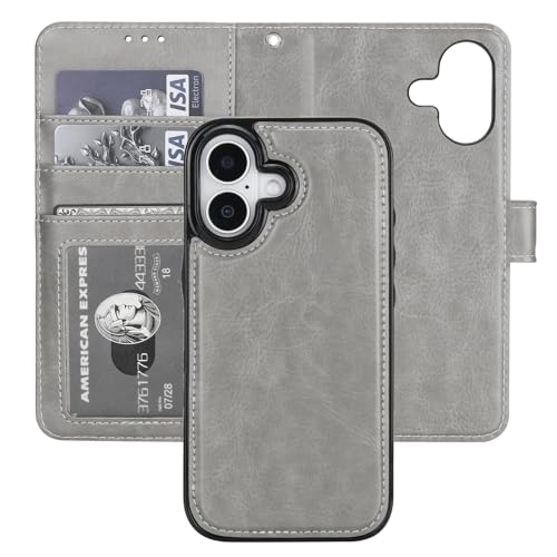 Bocasal Detachable Wallet Case Card Holder for iPhone 17, Grey | RFID Blocking Kickstand Card Slots Holder PU Leather Magnetic Shockproof Wrist Strap Removable Flip Protective Cover 6.3 inch - color: Gray
