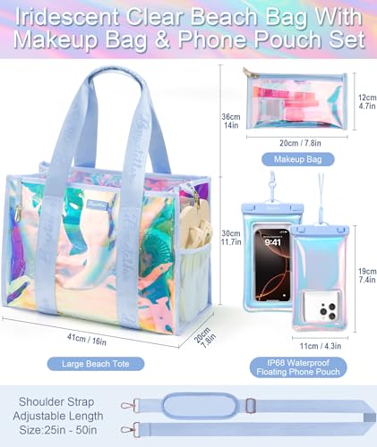Bagstellar Iridescent Beach Bag, Jelly Tote Bag with Phone Pouch Makeup Bag | Large Beach Bags Waterproof Sandproof, Zipper Beach Tote Clear Pool Swim Boat Bag for Women Summer Travel Cruise Essentials - color: Oasis