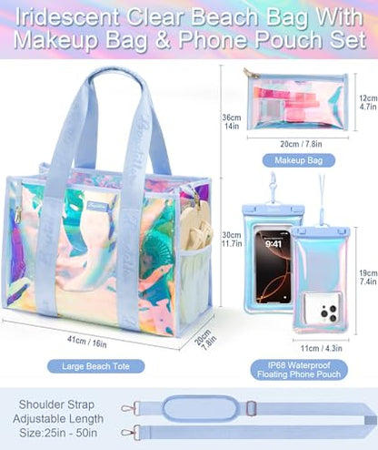 Bagstellar Iridescent Beach Bag, Jelly Tote Bag with Phone Pouch Makeup Bag | Large Beach Bags Waterproof Sandproof, Zipper Beach Tote Clear Pool Swim Boat Bag for Women Summer Travel Cruise Essentials - color: Oasis