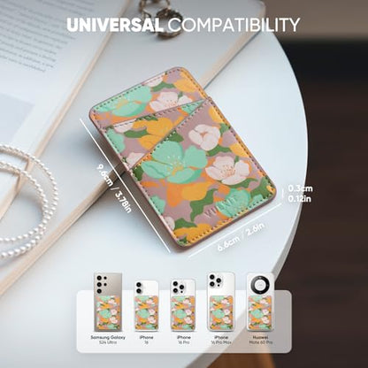 VULKIT Phone Card Holder Wallet Leather Adhesive Pocket RFID Blocking Credit Card Sleeves Stick Back of Phone Smartphones - color: Flower