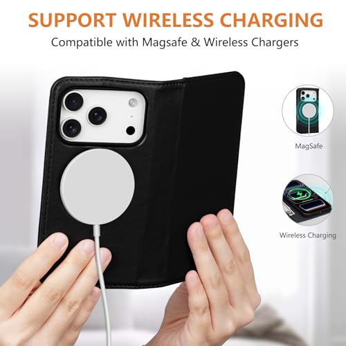 for iPhone 17 Pro 6.3" Wallet Case Card Holder Black | Magsafe Compatible,RFID Blocking,Kickstand,Folio Cover,Genuine Leather - color: Black, size: 6.3" iPhone 17 Pro