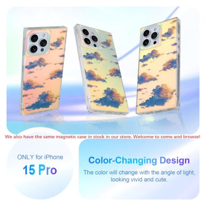 Cute Rectangle Case for iPhone 15 Pro Case, Iridescent Clouds | Twilight Sun Set Sky Pattern Design, Aesthetic Girly Matte Glitter Protective Phone Cover for Women Girls - size: iPhone 15 Pro