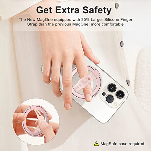 EWA MagOne (Upgrade) Compatible with MagSafe Phone Grip Stand with Silicone Finger Strap, Removable Magnetic Ring Holder Kickstand Loop, Only for iPhone 15, 14, 13 Pro/Max/Plus-(Rose Gold)