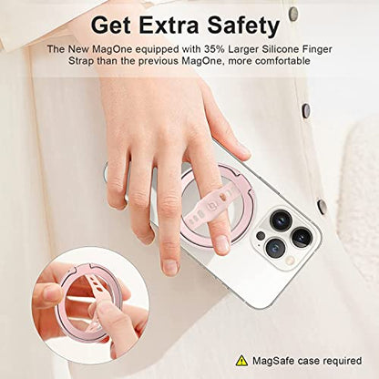 EWA MagOne (Upgrade) Compatible with MagSafe Phone Grip Stand with Silicone Finger Strap, Removable Magnetic Ring Holder Kickstand Loop, Only for iPhone 15, 14, 13 Pro/Max/Plus-(Rose Gold)