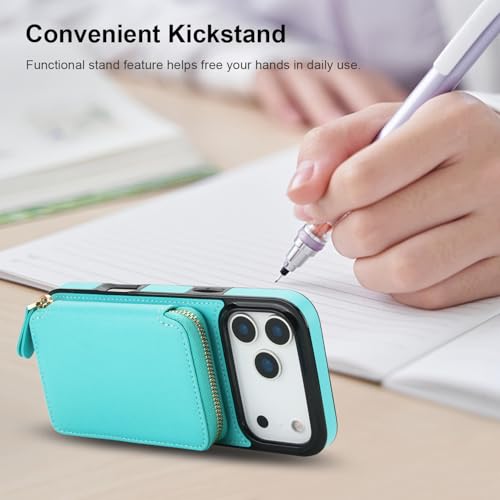 Bocasal Multi-Slot Crossbody Wallet Case for iPhone 17 Pro Max, Mint Green | RFID Blocking PU Leather Purse Case with Card Holder, Handbag Flip Cover with Zipper Wrist Strap Lanyard for Women 6.9 Inch - color: Green