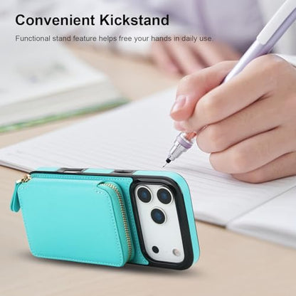 Bocasal Multi-Slot Crossbody Wallet Case for iPhone 17 Pro Max, Mint Green | RFID Blocking PU Leather Purse Case with Card Holder, Handbag Flip Cover with Zipper Wrist Strap Lanyard for Women 6.9 Inch - color: Green