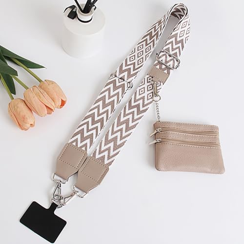 Phone Lanyard Crossbody with Zipper Pouch, Adjustable Phone Strap with Detachable Wallet/Wrist, Holds Multiple Cards & Cash, Clip and Go Strap Women/Teacher Gift for All Phone, Khaki-White - color: Khaki-white