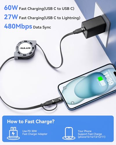 2 in 1 Retractable USB C Cable,Fast Charging Data Sync Cord, 60W