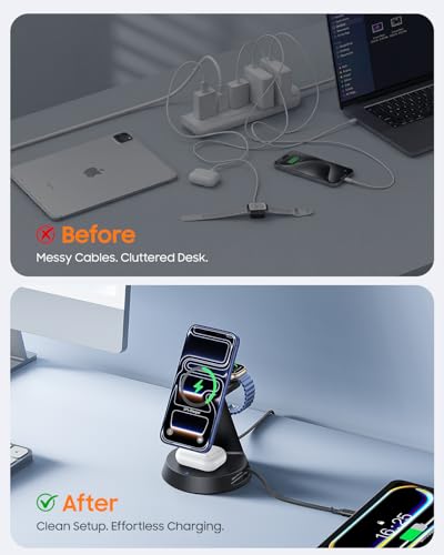 Meifigno 4 in 1 Wireless Charger with 20W Retractable Cable for iPhone Duo