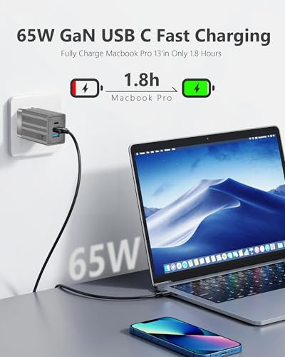 65W GaN Fast Charger, 3-Port USB C Power Adapter with 6ft USB C Cable - color: Gray