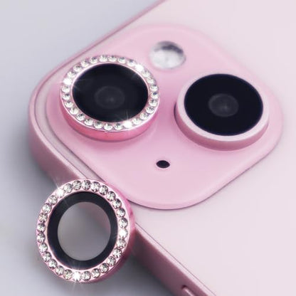Camera Lens Protector for iPhone 15/15 Plus/14/14 Plus Bling Diamond Metal Ring Rhinestone Tempered Glass Lens Cover Accessories (Pink) - color: Pink