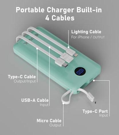 Portable Charger Built in 4 Cables, 10000mAh Power Bank, Green - color: Green