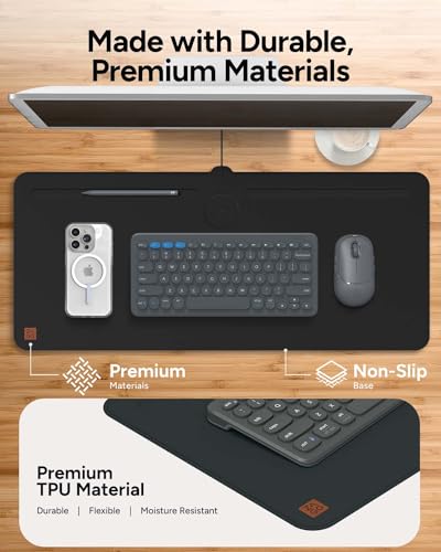 ZAGG Mouse Pad Desk Mat with Wireless Charging for All Devices - 10W Fast Charge, Integrated USB-C, Premium Felt Top, Non-Slip Bottom, Office Organizer, Black