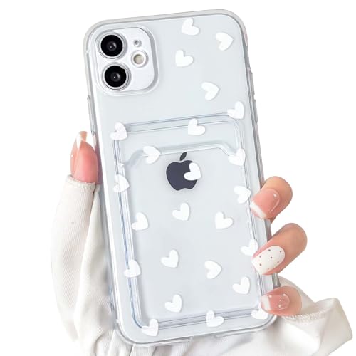 NITITOP Compatible with iPhone 12 Case Clear with Card Holder Cute White Love Heart Pattern Design Design Soft TPU Shock-Absorbing Wallet Case Protective Cover - White - color: White, size: iPhone 12