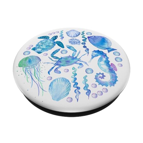 Cute Sea Ocean Life Turtle Crab Seahorse Fish Watercolor PopSockets Adhesive PopGrip - style: Adhesive PopGrip